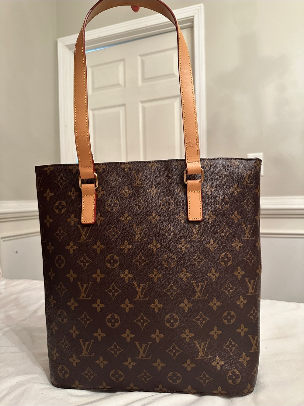 Louis Vuitton Brown Monogram Canvas Tote with Tan Leather Straps
